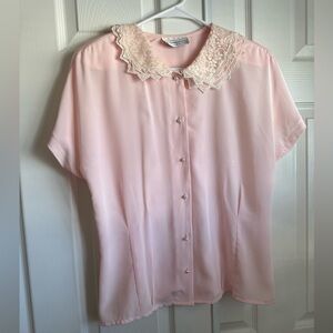 Vintage 1980 Delicate Pink Lace Collar Blouse